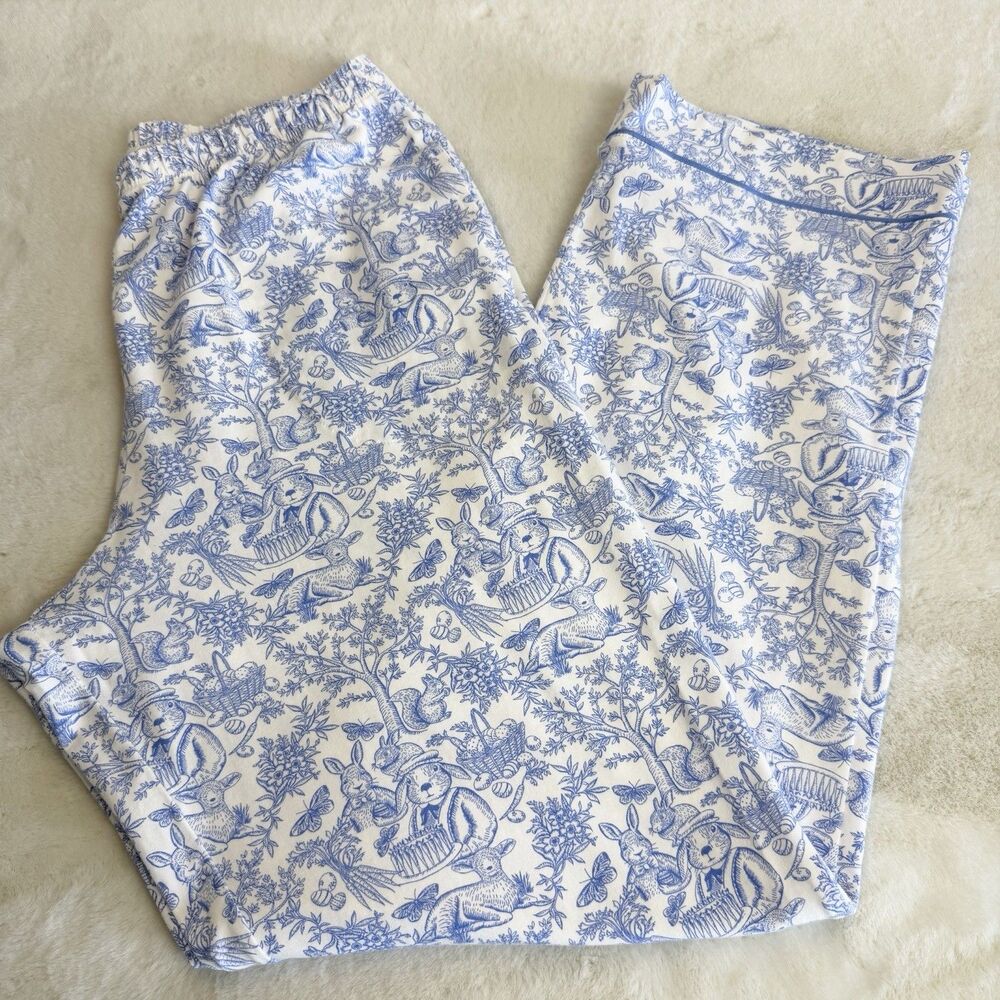 BedHead Pajamas Ivory Blue Spring Print Bunnies Top & Pants Women’s M - Picture 6 of 11